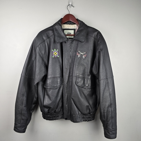BURKS BAY Genuine Leather Bomber Jacket Map Print inside Embroidered Black Wm XL - Picture 2 of 16